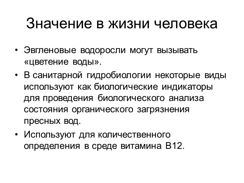 Значение в жизни человека Эвгленовые водоросли могут вызывать «цветение воды». В санитарной гидробиологии некоторые